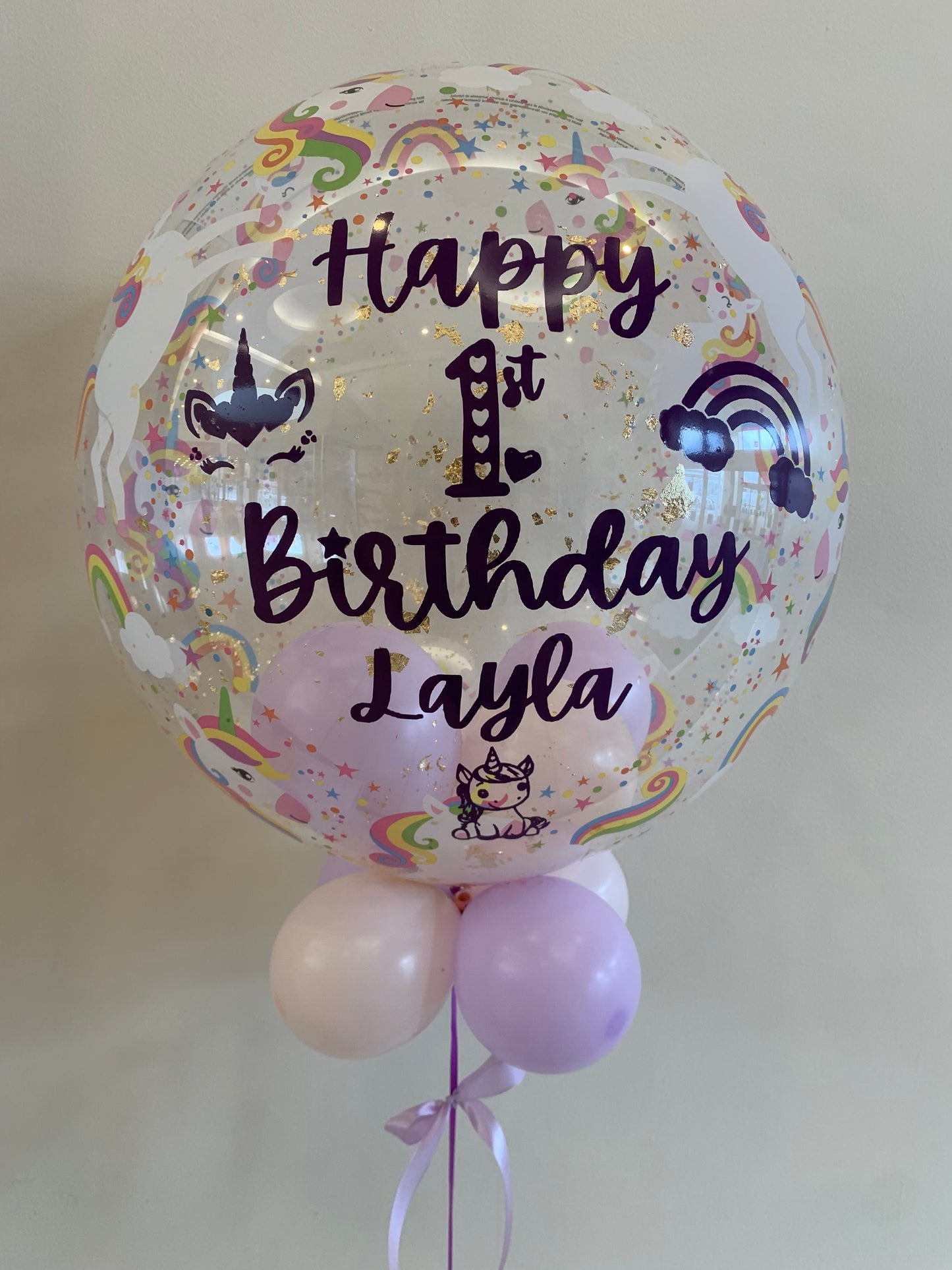Personalised Unicorn Bubble with Gold Flakes – Lilac & Baby Pink Smallies, Lilac Bow, Black Vinyl