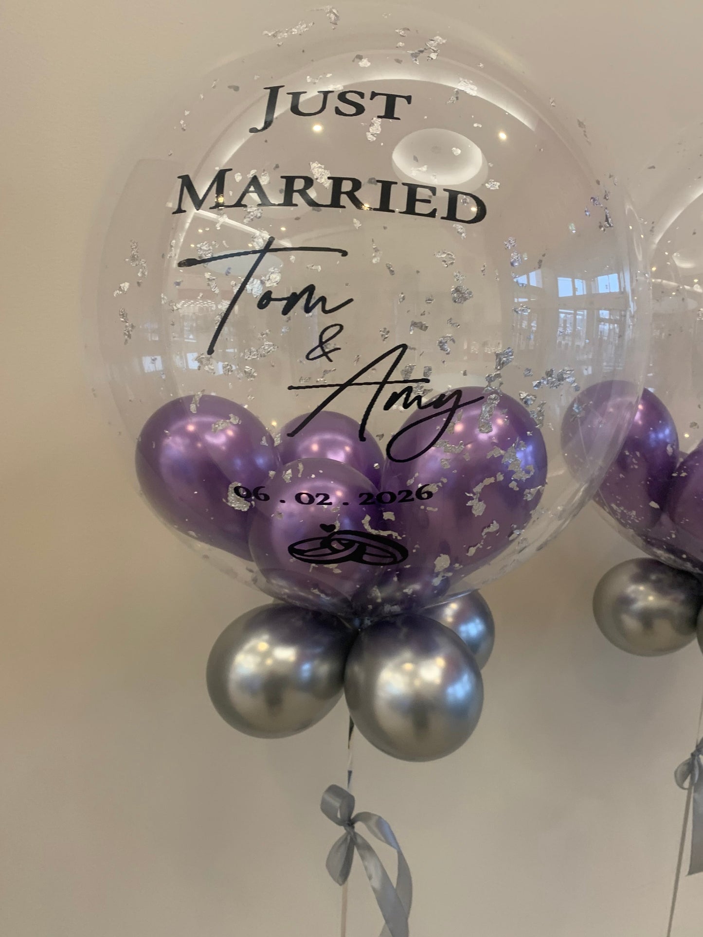 Personalised Clear Bubble with Silver Flakes – Reflex Purple Inside & Silver Smallies Outside, Black Vinyl