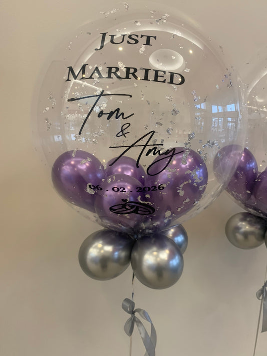 Personalised Clear Bubble with Silver Flakes – Reflex Purple Inside & Silver Smallies Outside, Black Vinyl