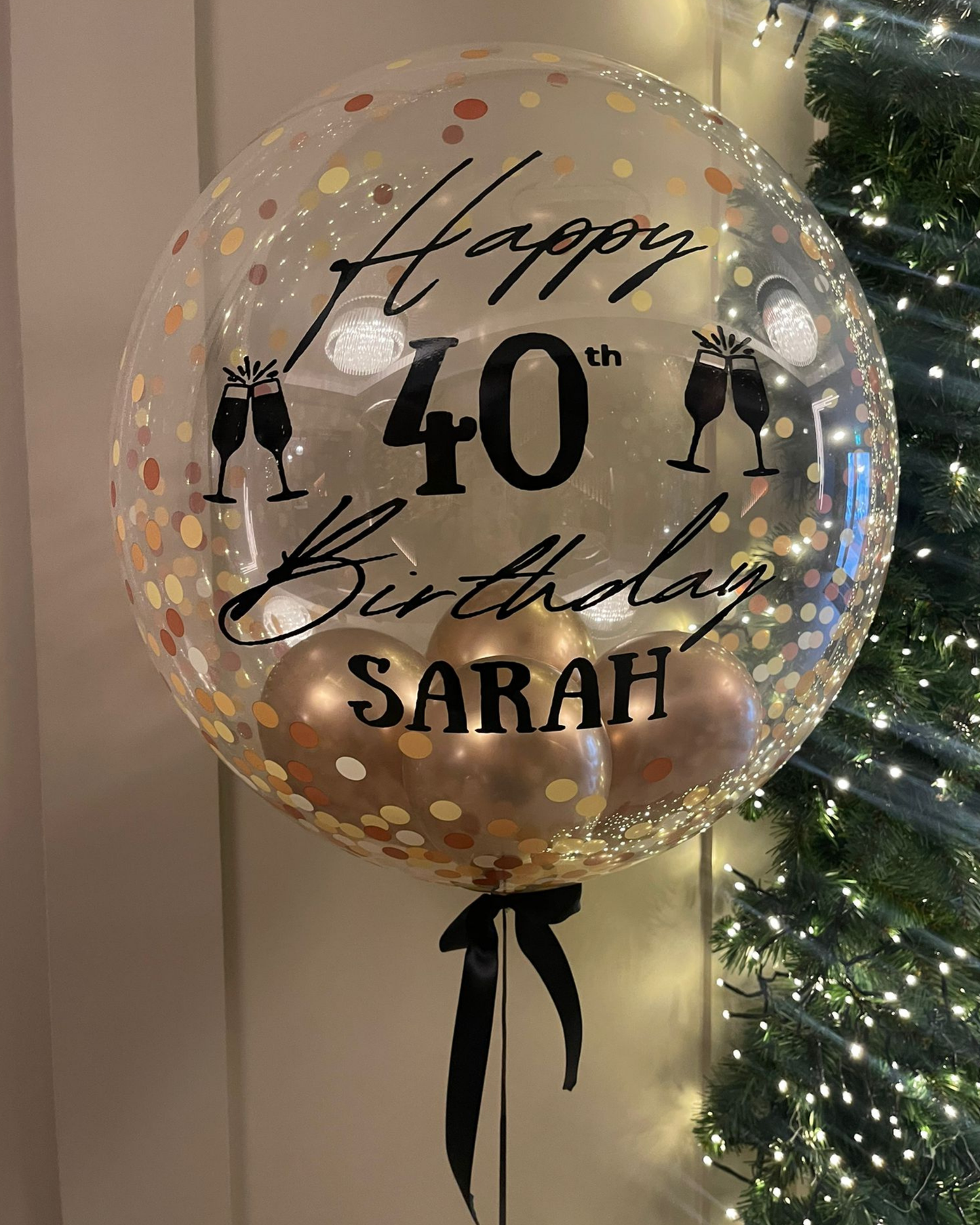 Personalised Gold Confetti Bubble – Gold Smallies, Black Bow, Black Vinyl