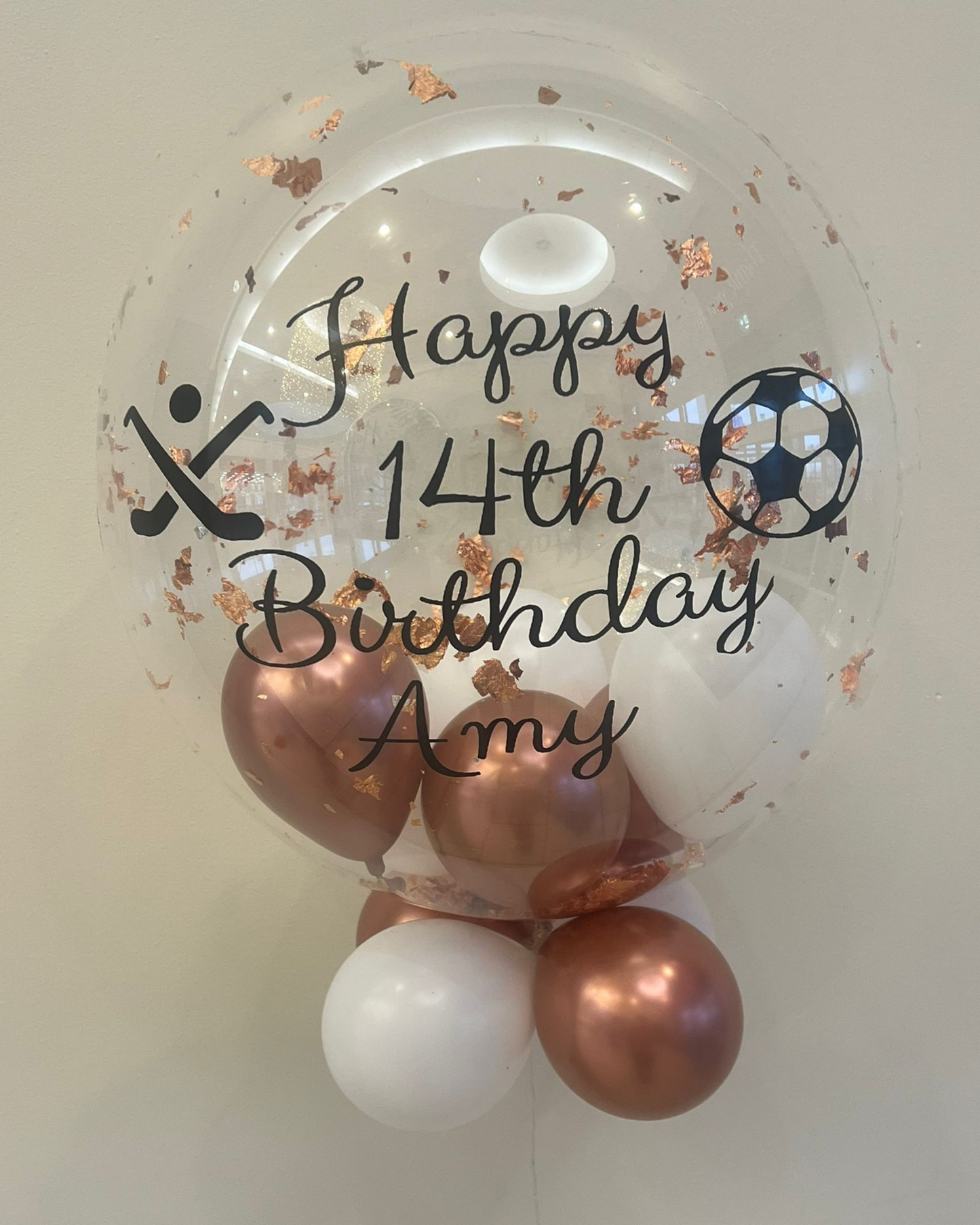 Personalised Rose Gold Flake Bubble – Rose Gold & White Smallies, Black Bow, Black Vinyl