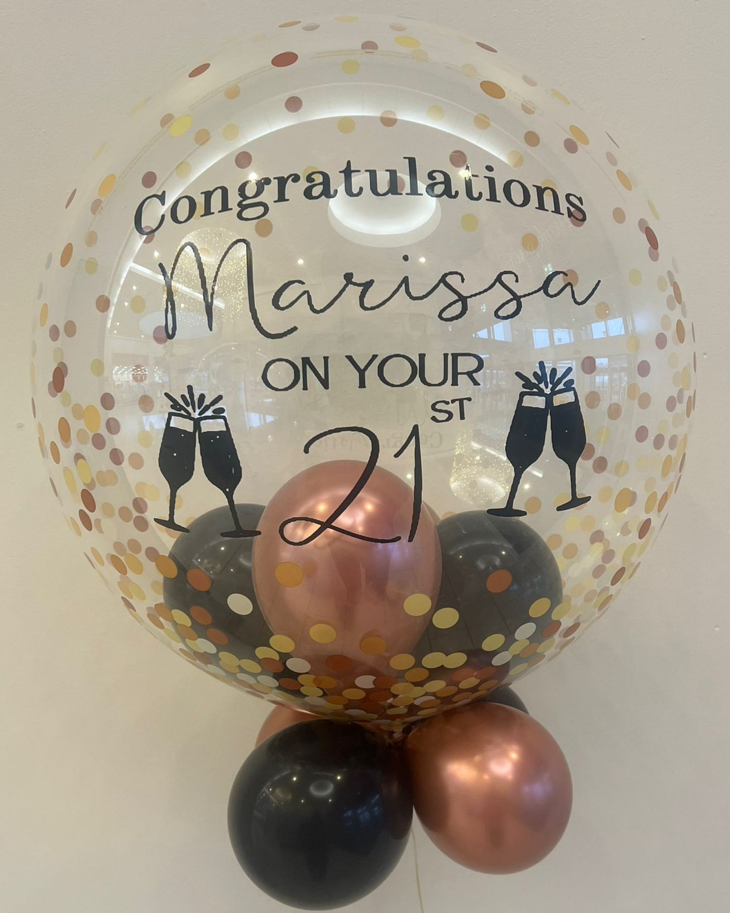 Personalised Gold Confetti Bubble – Rose Gold & Black Smallies, Black Vinyl