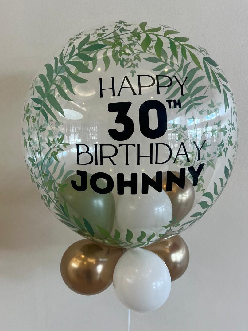 Personalised Greenery Bubble, White, Gold & Eucalyptus Smallies, Black Vinyl