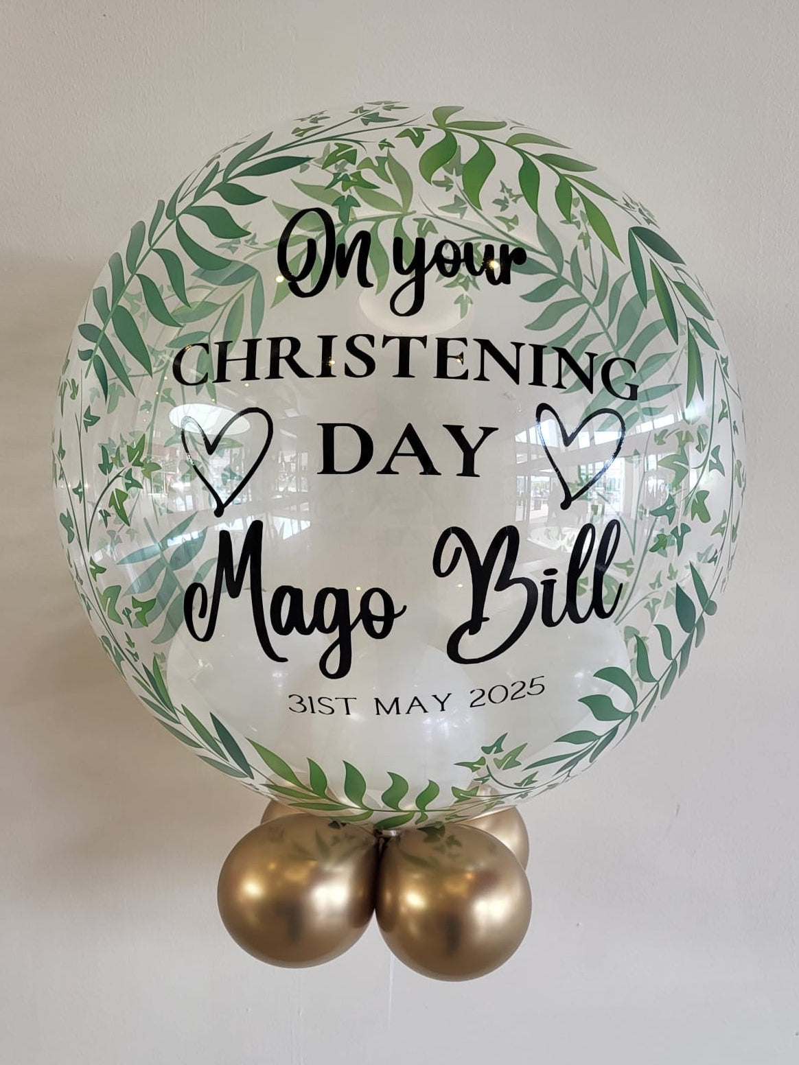 Personalised Greenery Bubble, White Smallies Inside & Gold Smallies Underneath, Black Vinyl