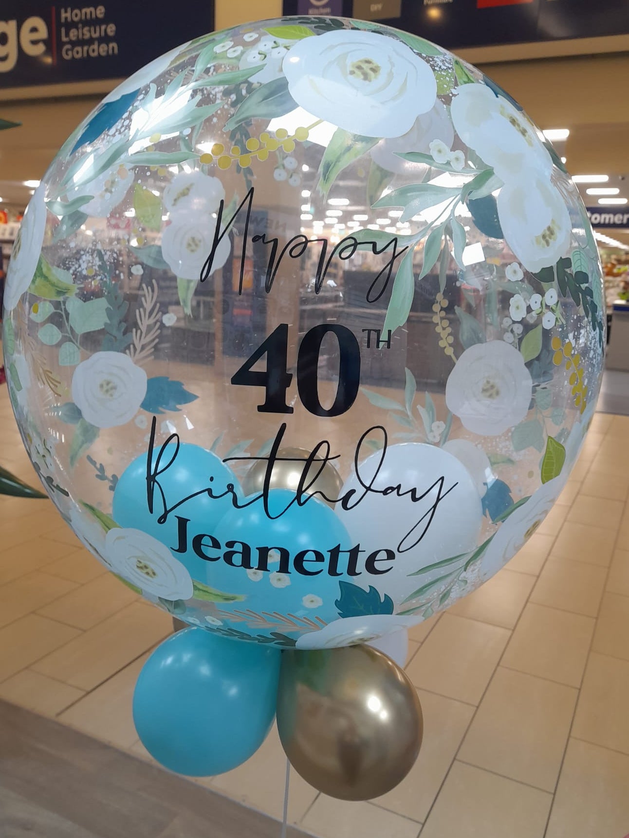 Personalised Floral Bubble, Gold, White & Aqua Smallies, Black Vinyl