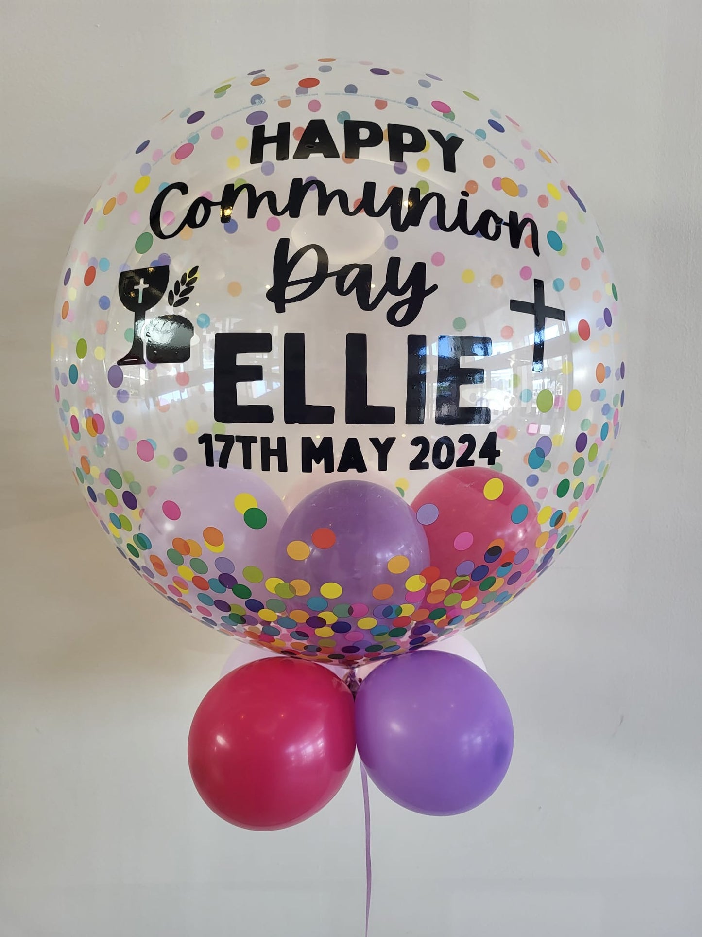 Personalised Multicoloured Bubble – Dark Pink, Medium Purple & Pastel Purple Small Balloons, Black Vinyl