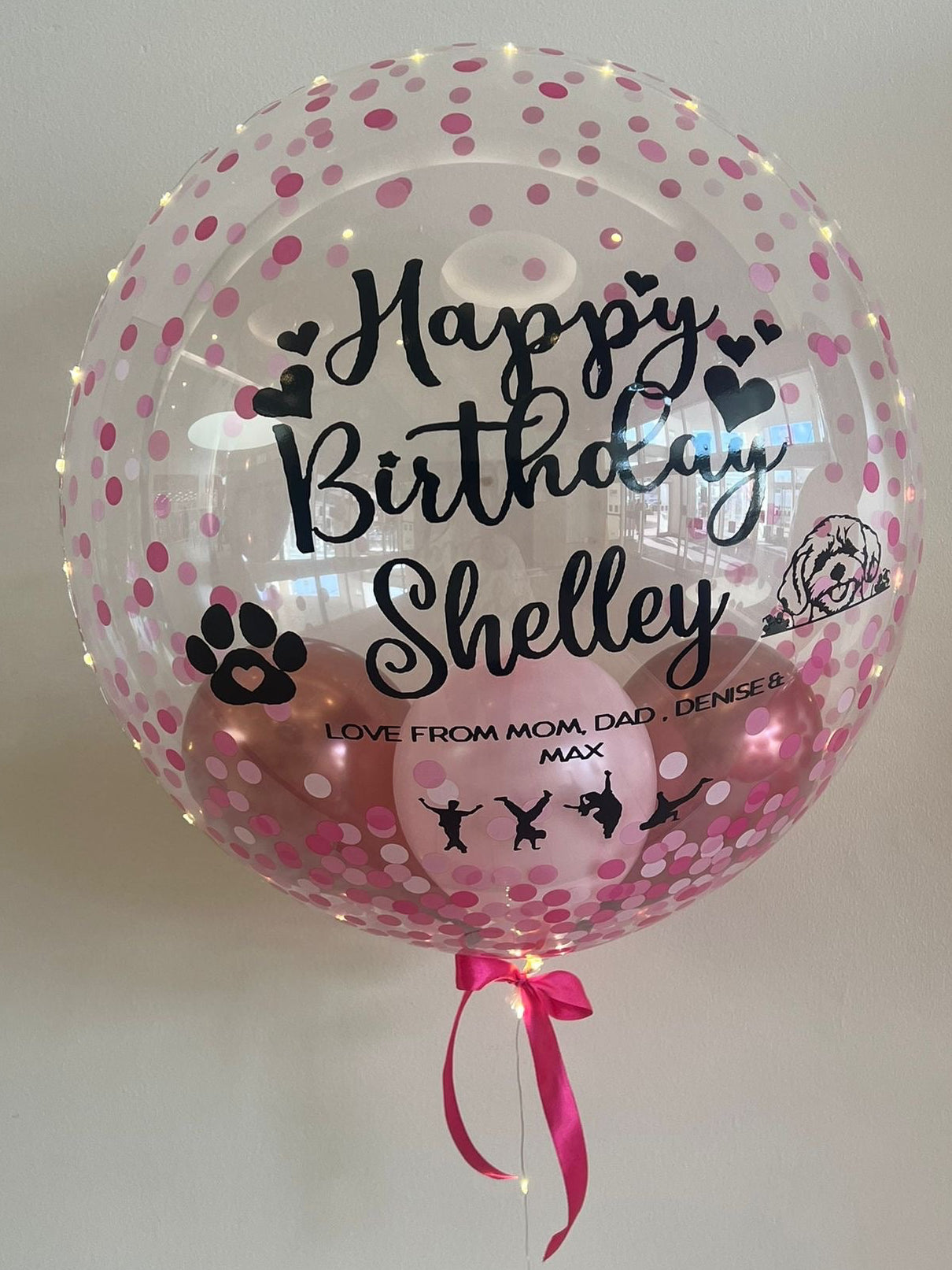 Personalised Pink Confetti Bubble with LED Lights – Rose Gold & Baby Pink Smallies, Dark Pink Bow, Black Vinyl