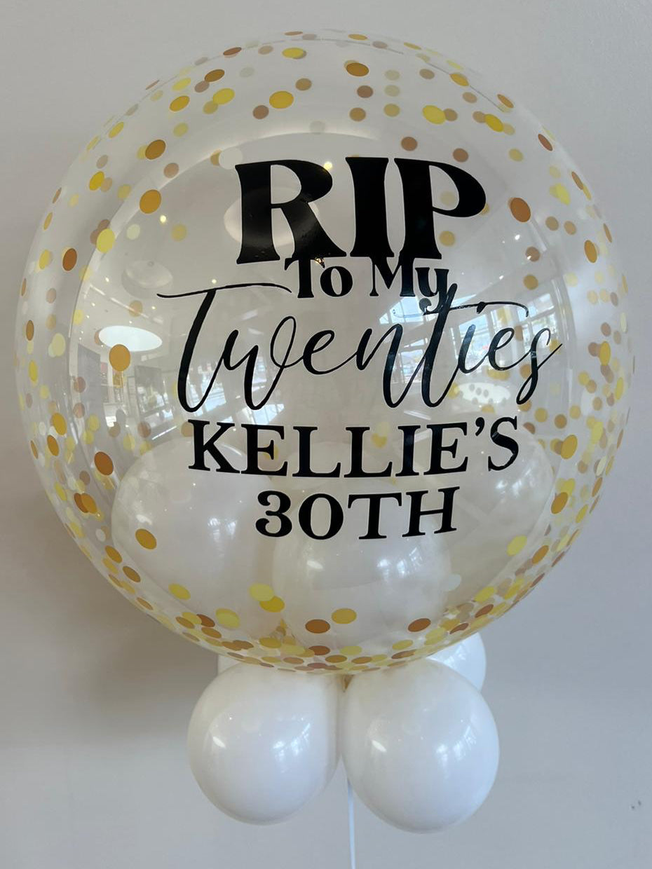 Personalised Gold Confetti Bubble, White Smallies Inside & Underneath, Black Vinyl