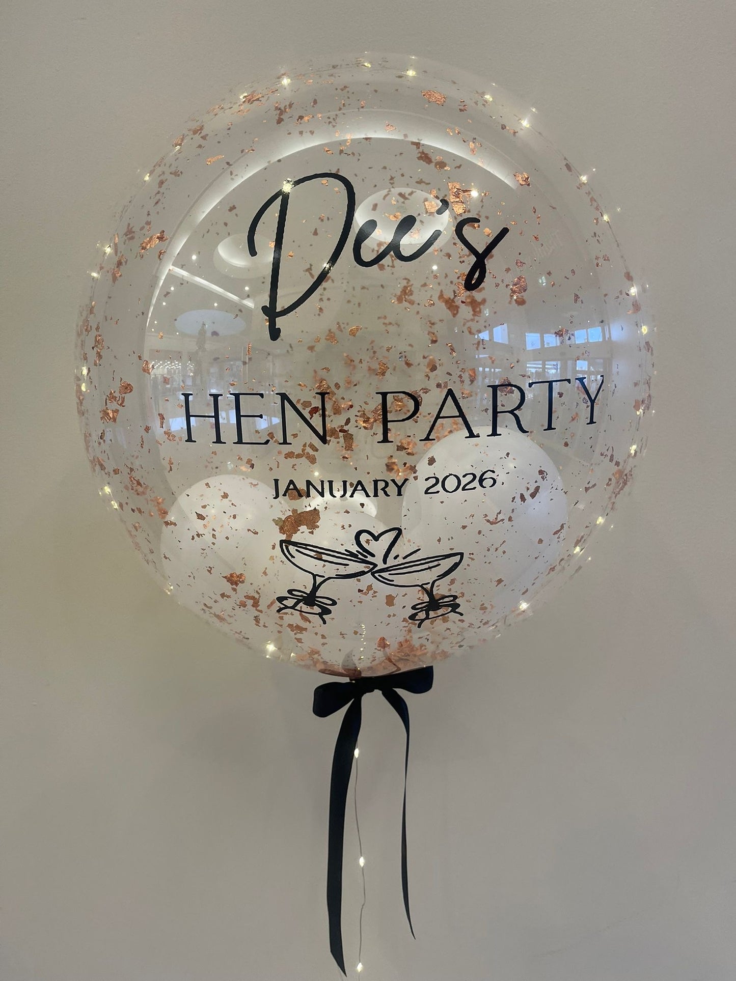 Personalised Clear Bubble with Rose Gold Flakes, White Smallies Inside, Black Bow, Black Vinyl