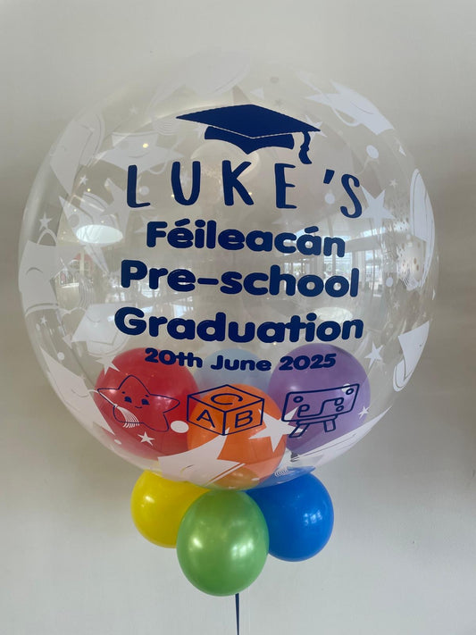 Personalised Graduation Bubble, Multicoloured Smallies, Dark Blue Vinyl