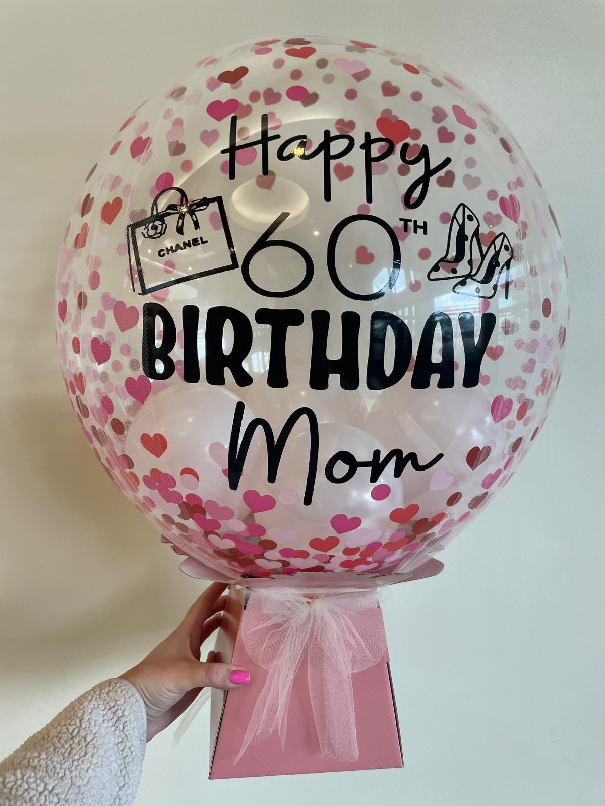 Personalised Pink Confetti Bubble in Pink Bouquet Box – White Smallies, Black Vinyl