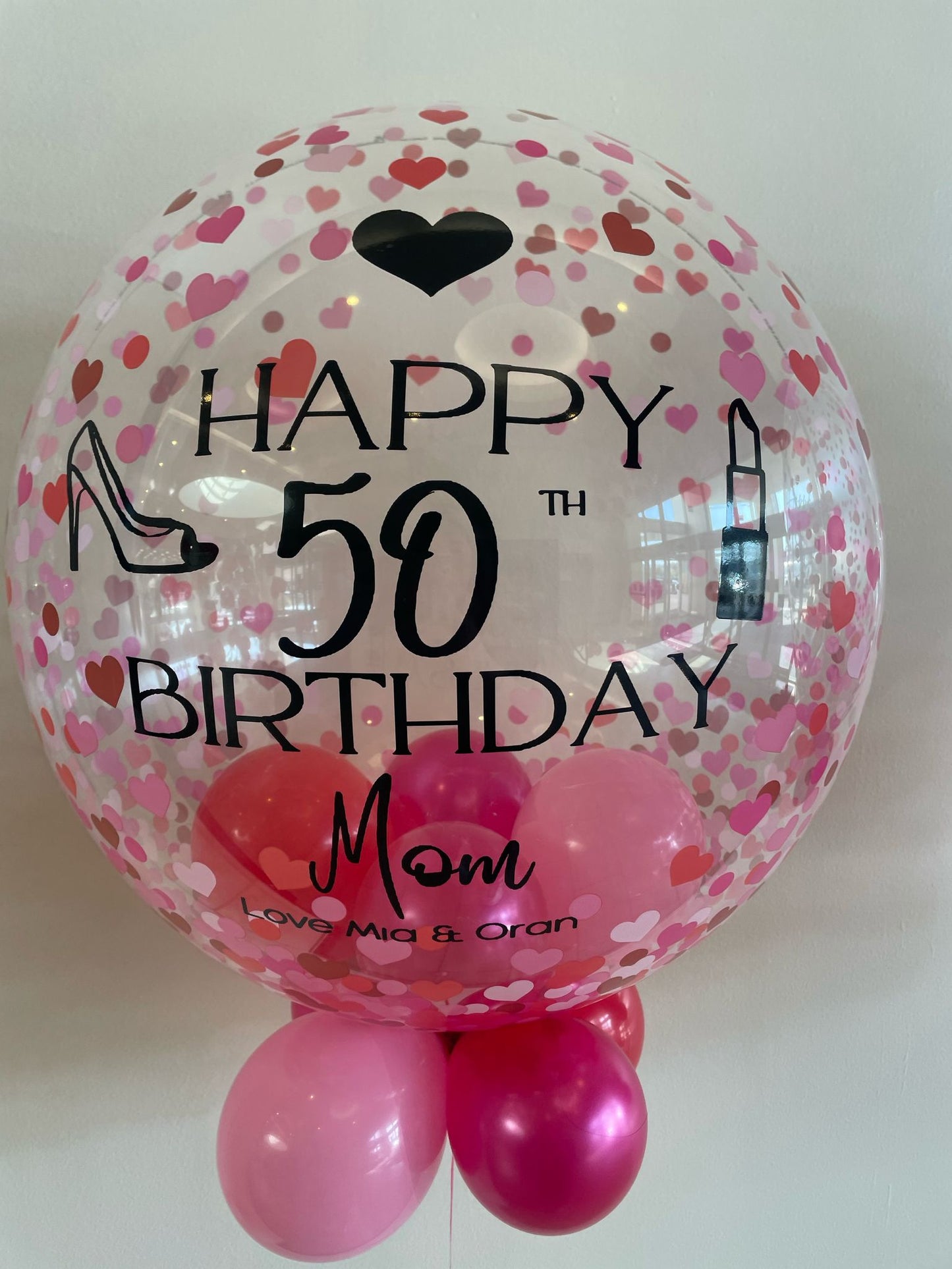 Personalised Heart Confetti Bubble, Pink & Red Smallies Inside & Underneath, Black Vinyl